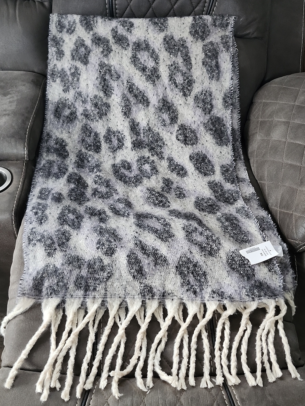 cleo Gray and White Leopard Print Fringe Scarf Wrap